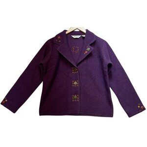 Orvis Women Wool Button Front Embroidery Cardigan Jacket Long Sleeve Sz S Purple